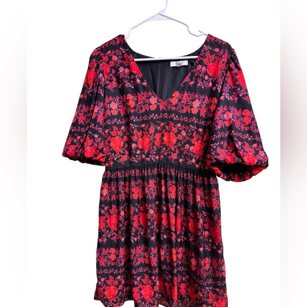 BB Dakota by Steve Madden Floral Puff Sleeve Mini Dress | Size 10 | Red & Black